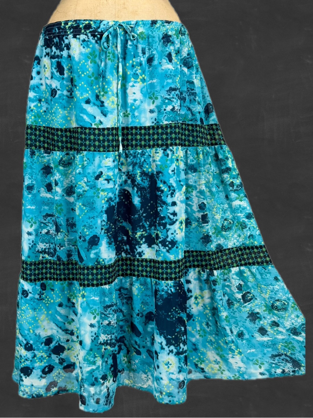 VINTAGE firefly night sky long maxi skirt elastic waist tie dye teal artsy y2k